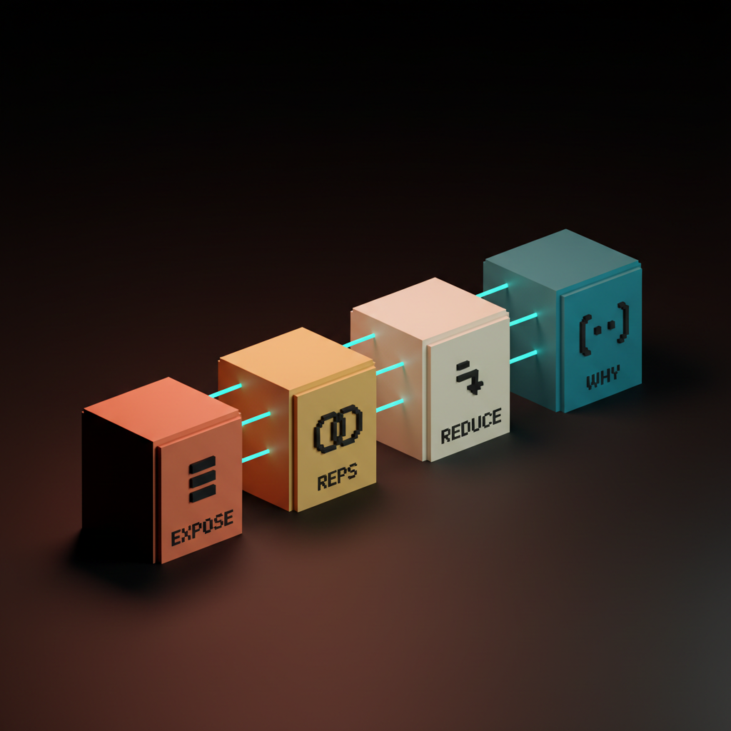 Voxel composition of four heavy pedestals in coral amber cream cyan with single-word etched labels EXPOSE REPS REDUCE WHY, dark studio with coral haze