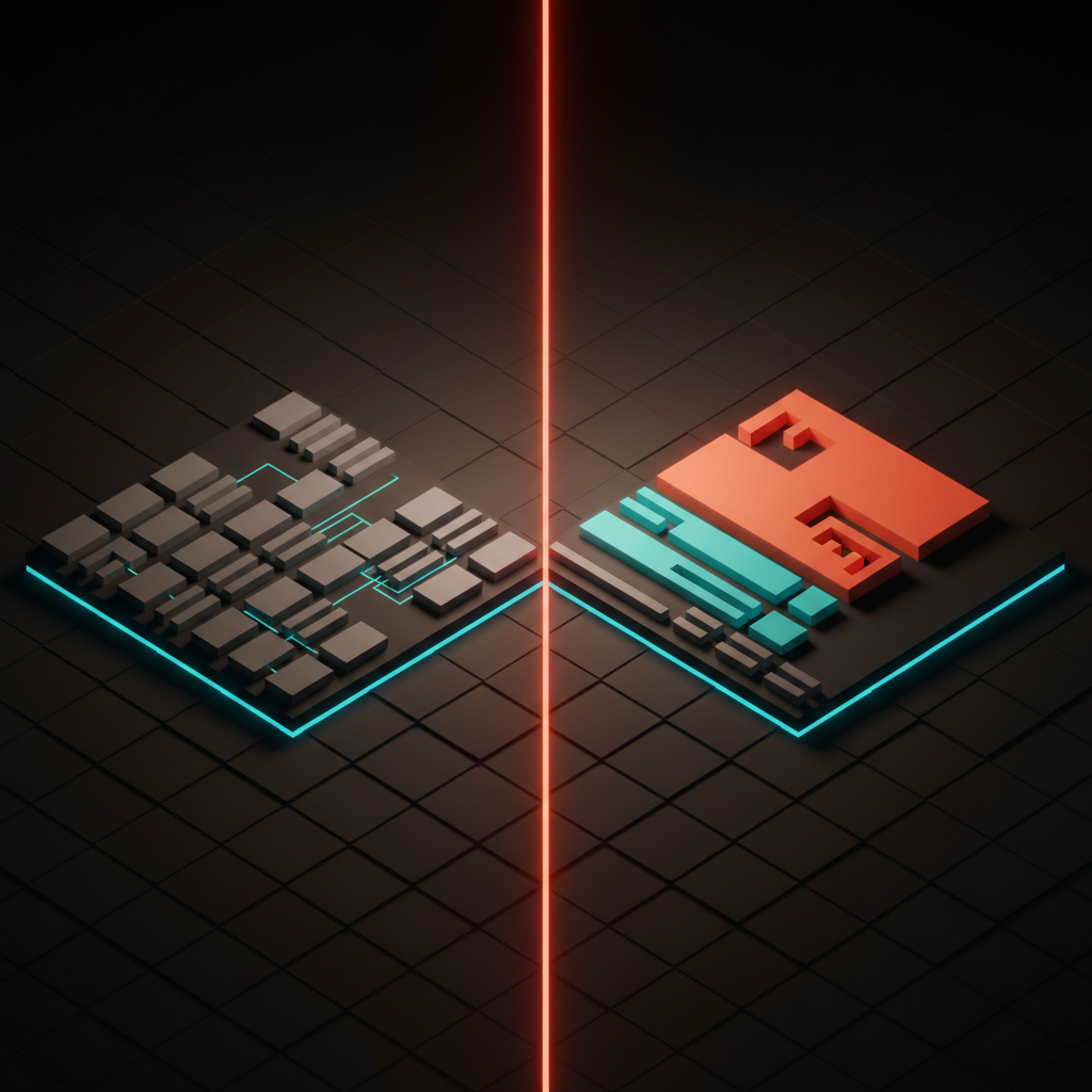 Voxel before-and-after split frame: BEFORE shows a dense grid of twelve uniform widgets, AFTER collapses to one oversized hero stat at top, three action rows beneath, and a muted footer of secondary widgets at the bottom