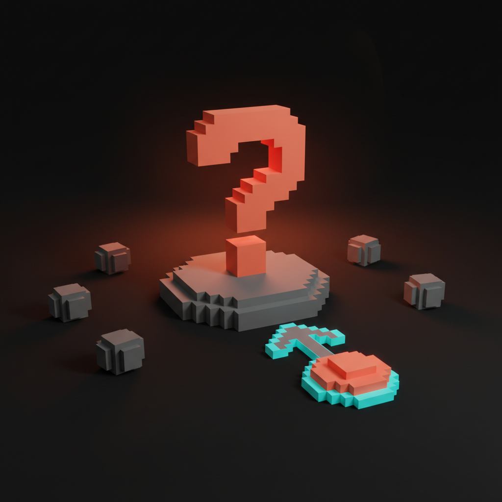 Voxel framework diagram: a single coral question mark on a pedestal funneling into one cyan action button, with four faded gray widgets pushed to the edges of the frame