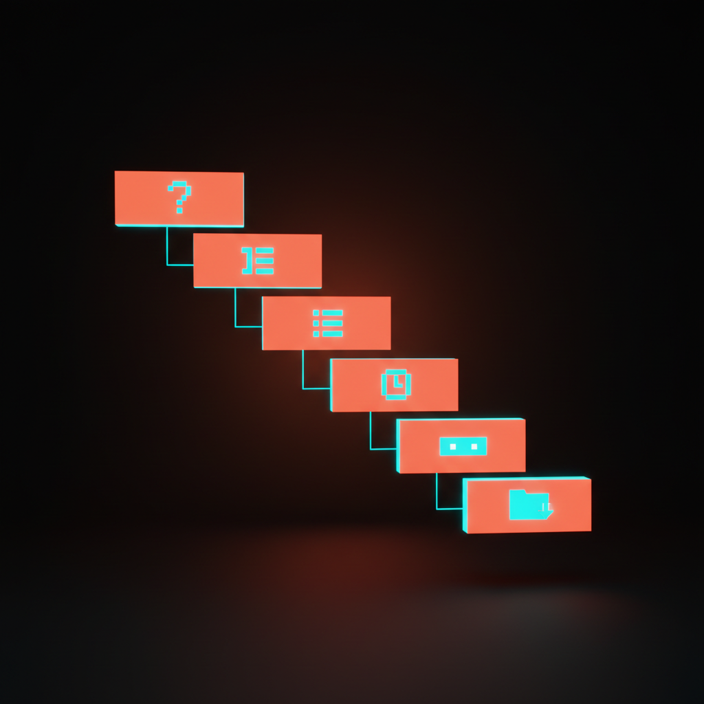 Voxel decision tree: five descending cards labeled ONE QUESTION, ONE LIST, TIME HORIZON, ACTION TIED, HIDE TAIL, linked by thin coral connector lines