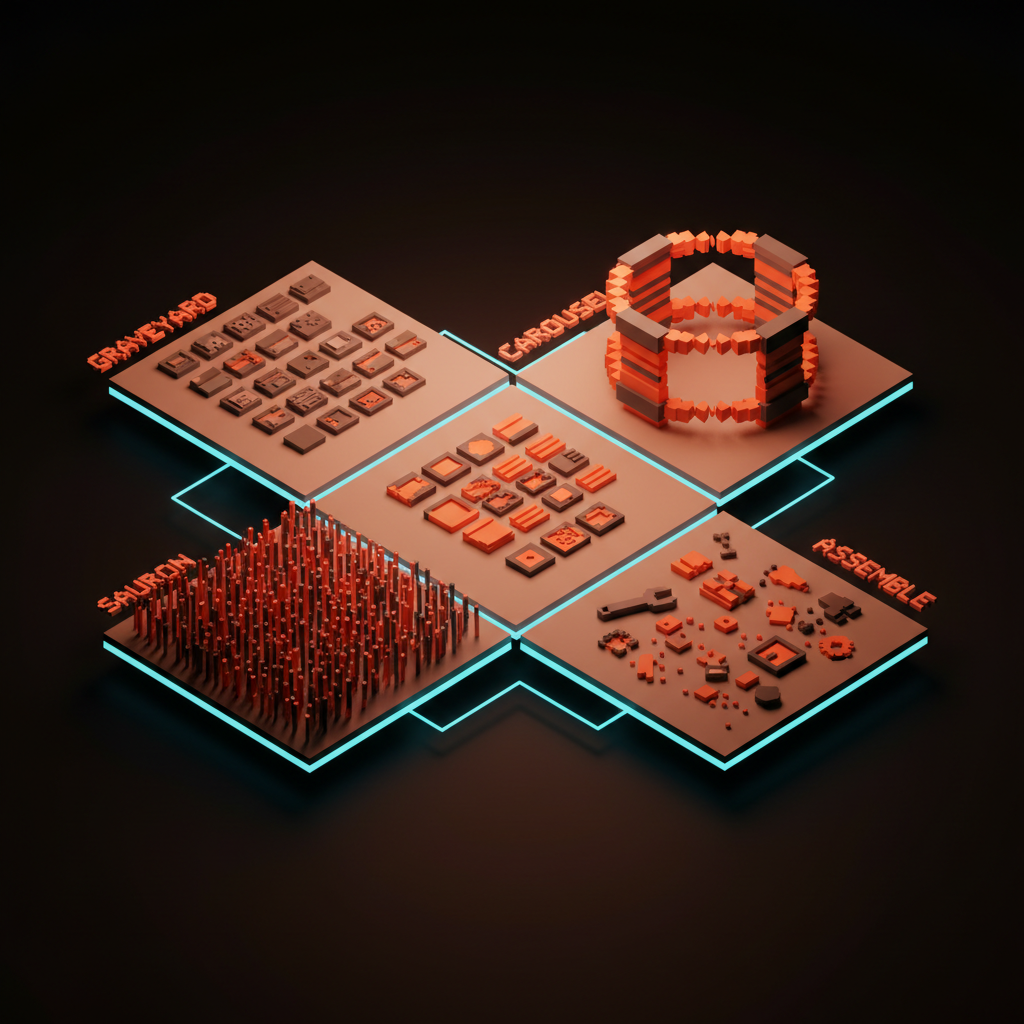 Voxel anti-pattern grid: four labeled tiles showing GRAVEYARD with twelve tiny widgets, CAROUSEL with a strip of bars, SAURON flooded with feed streaks, and ASSEMBLE with scattered loose voxel pieces