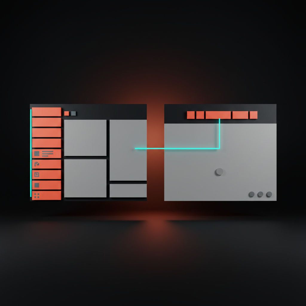 Voxel art split scene comparing a heavy left-rail sidebar against a clean canvas with a floating command bar, soft pastel coral and cyan, dark backdrop