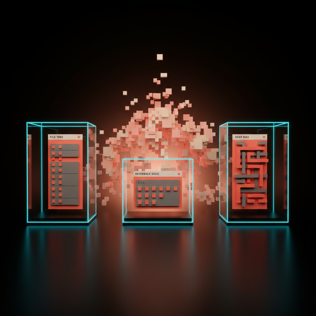 Voxel art of preserved sidebar specimens behind glass labeled FILE TREE REFERENCE DOCS DEEP NAV with other sidebars fading into mist, soft pastel