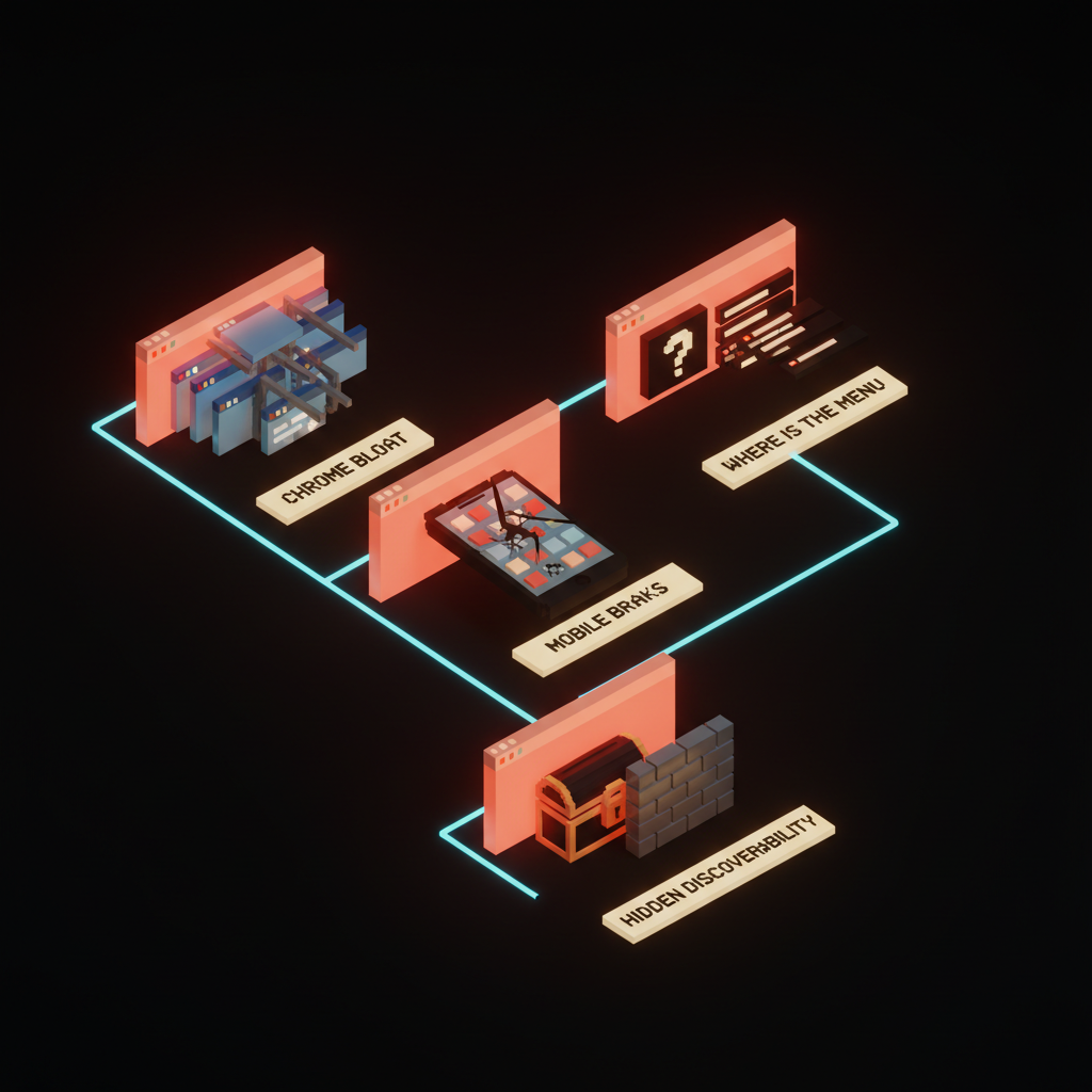 Voxel art of four failure cards on a dark studio backdrop labeled chrome bloat where-is-the-menu mobile breaks hidden discoverability, soft pastel