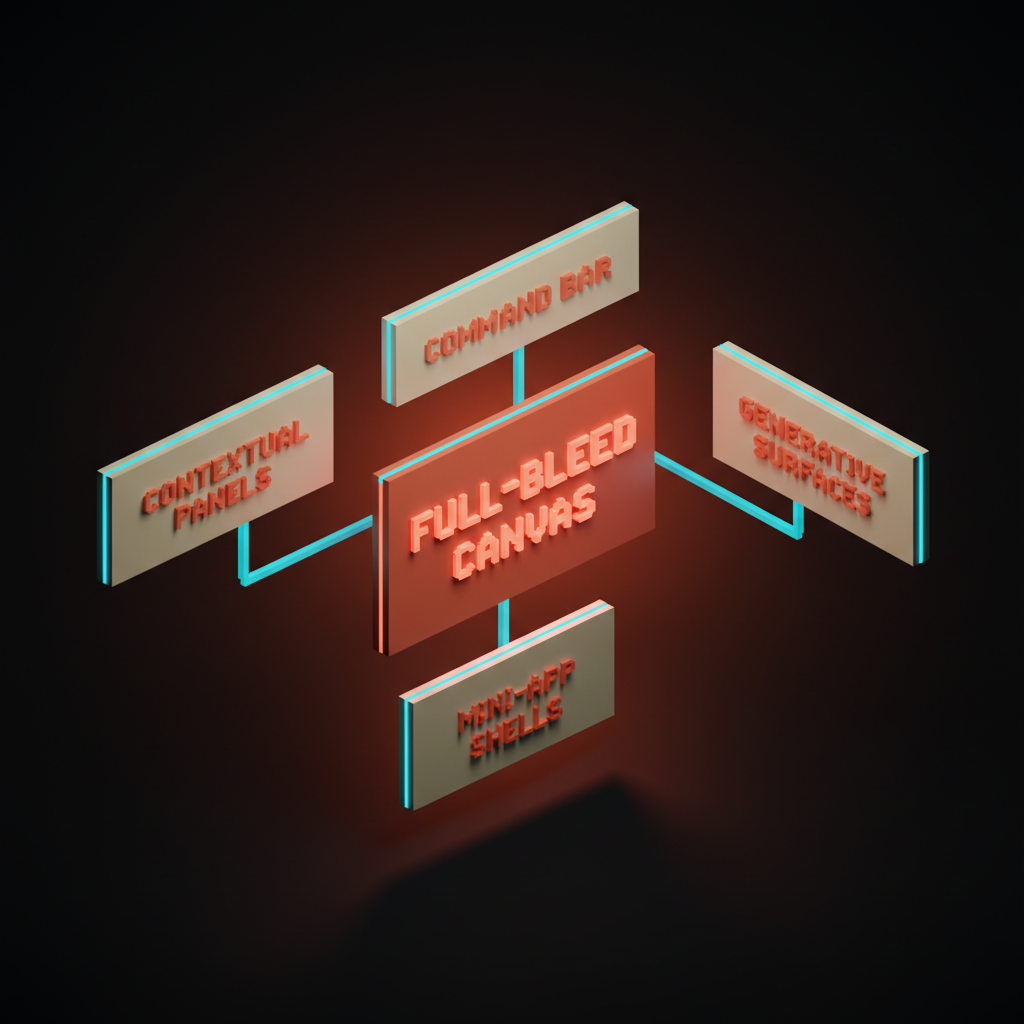 Voxel art of five labeled cards floating on a dark studio backdrop, command bar contextual panels generative surfaces full-bleed canvas mini-app shells, soft pastel