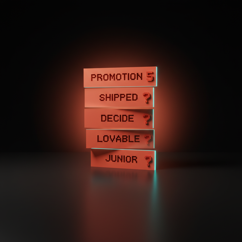 Voxel rendering of a vertical stack of five thin coral cards floating at varied depths, each labeled with a single keyword from the audit