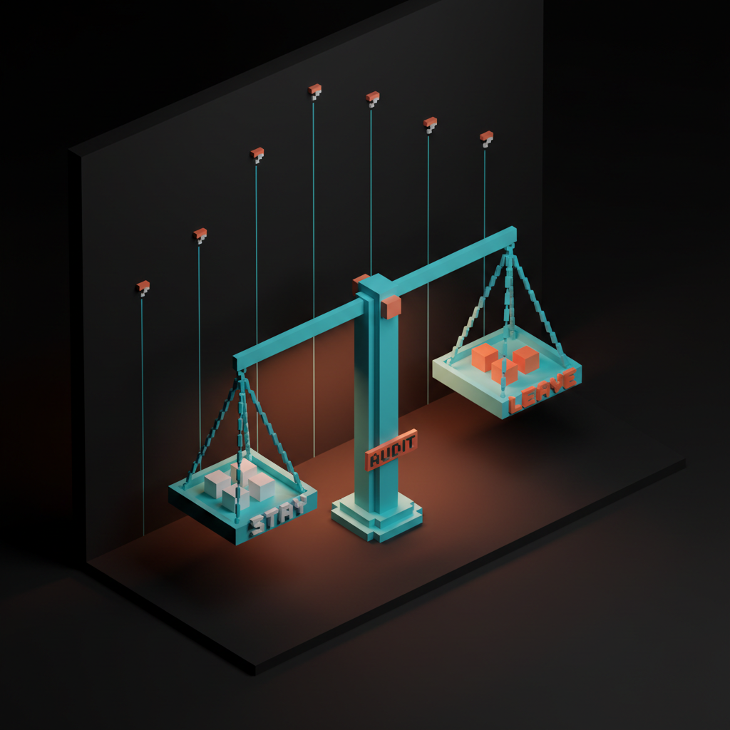 Voxel composition of a balance scale with STAY and LEAVE pans and seven faint vertical lines on the wall behind it suggesting the seven questions