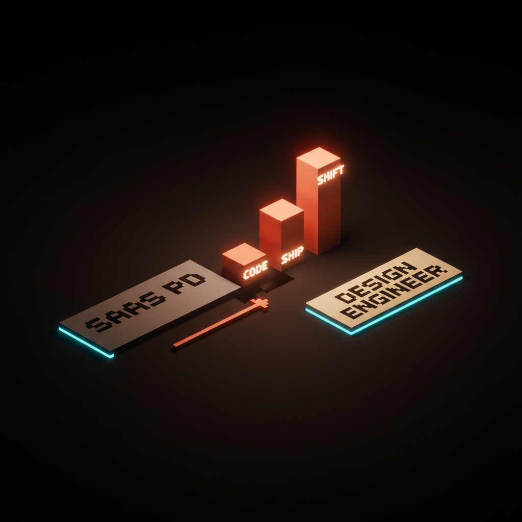 Voxel transition path showing a dead-end role on the left, three stepped pillars labeled CODE SHIP SHIFT in the middle, and a tall design engineer slab on the right