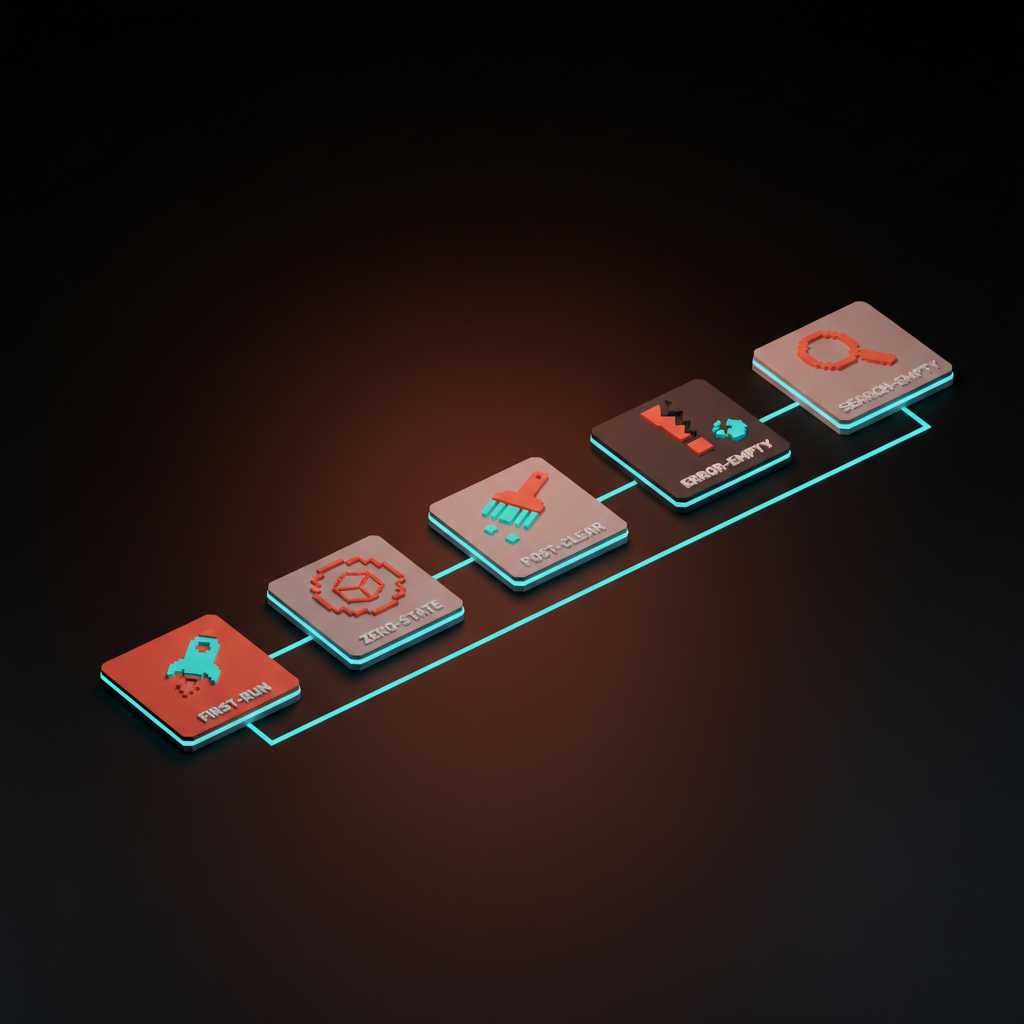 Five labeled cards in a clean row showing FIRST-RUN, ZERO-STATE, POST-CLEAR, ERROR-EMPTY, and SEARCH-EMPTY, each visually distinct against a soft pastel background.