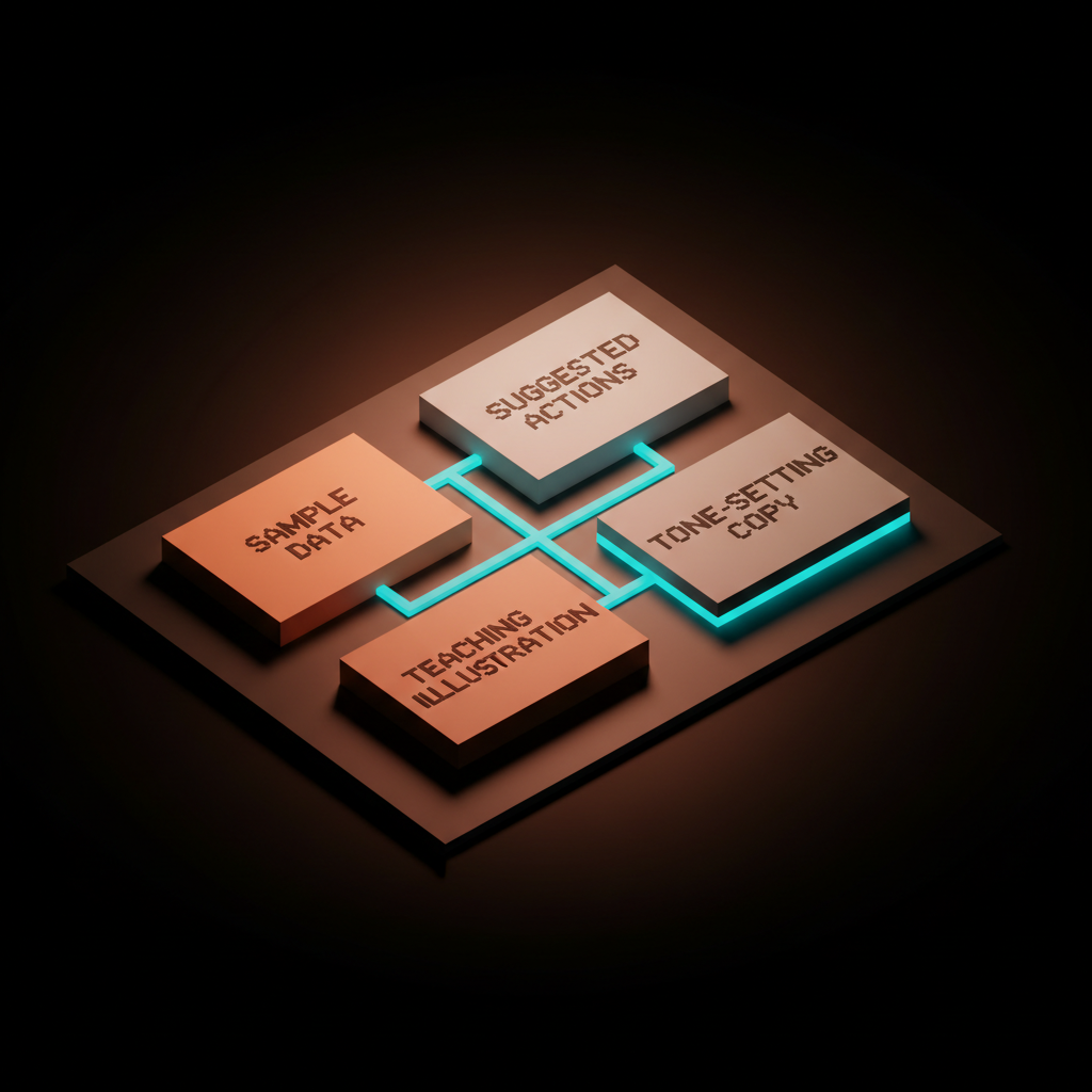Four labeled cards in a clean grid showing SAMPLE DATA, SUGGESTED ACTIONS, TEACHING ILLUSTRATION, and TONE-SETTING COPY against a soft pastel background.