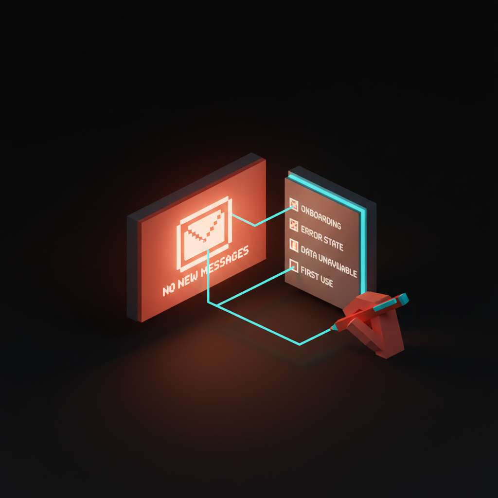 A designer's audit station with a small screen showing an empty inbox, a checklist of empty-state types beside it, and a tiny coral pen marking which states the product covers, against a soft pastel background.