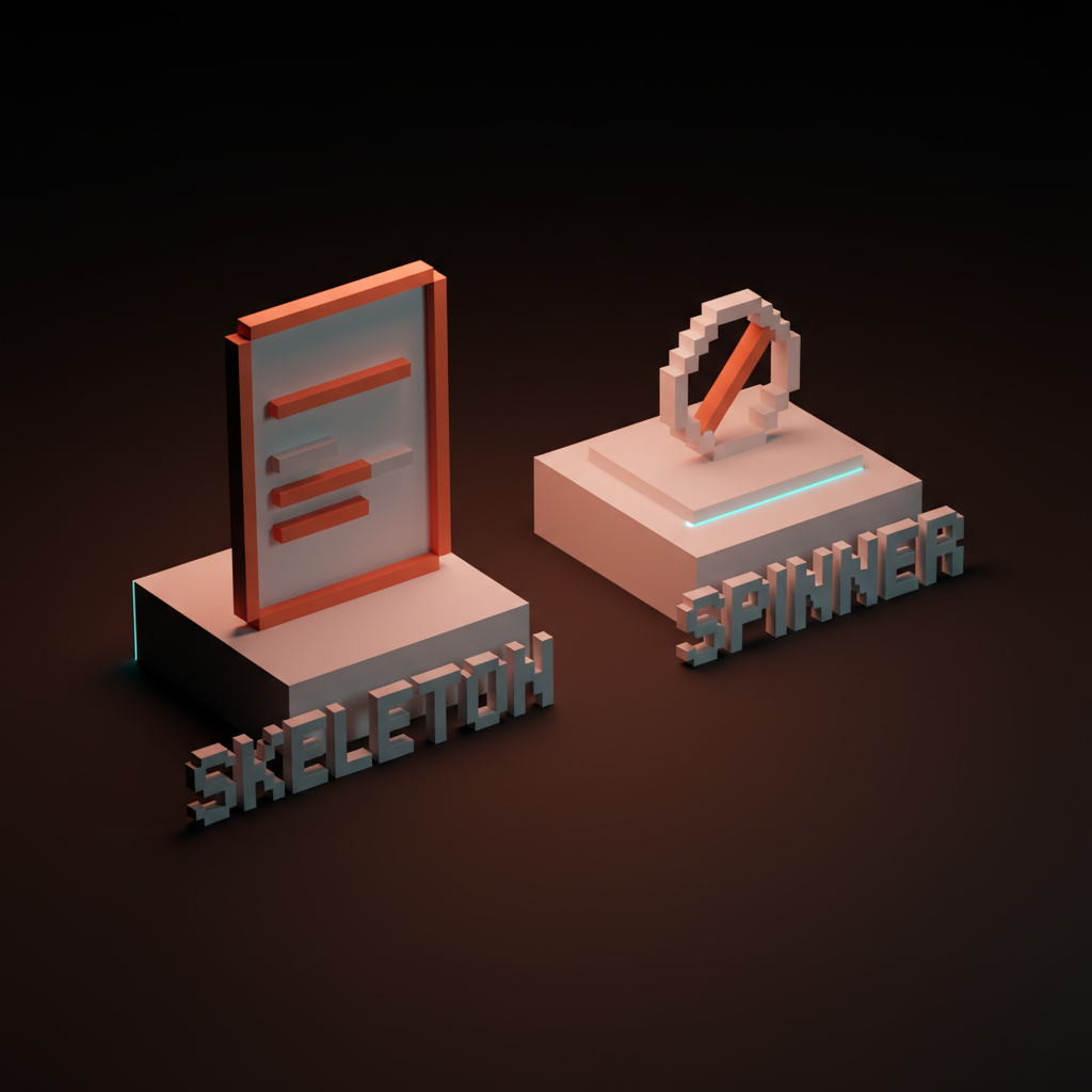 Voxel comparison of a skeleton card next to a lone pale spinner ring, the skeleton populated with placeholder bars and the spinner sitting on an empty plane