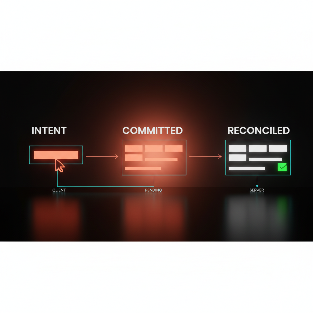 Voxel flow of three frames showing intent, committed, and reconciled stages of an optimistic UI action