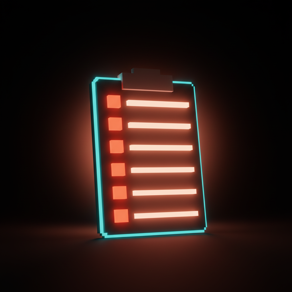Voxel rendering of a vertical checklist card stack tilted toward the camera, six rows with coral checkboxes, suggesting an audit being run