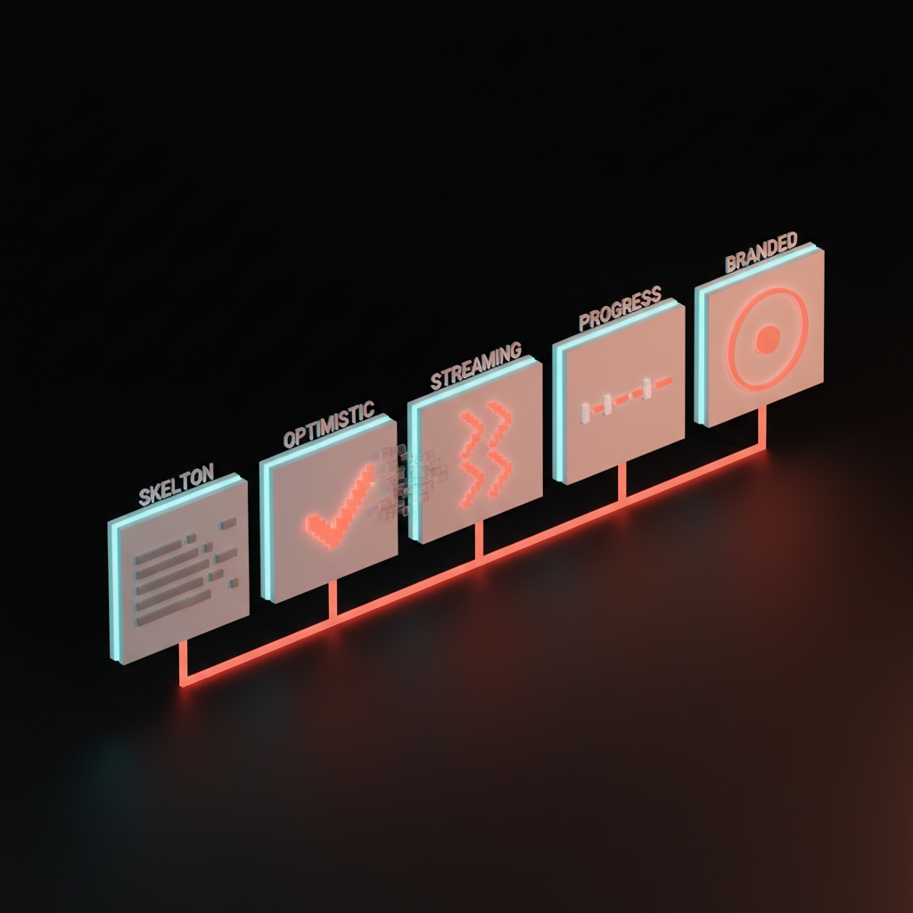 Voxel diagram of five labeled cards in a row, each representing one loading state archetype: skeleton, optimistic, streaming, progress, and branded