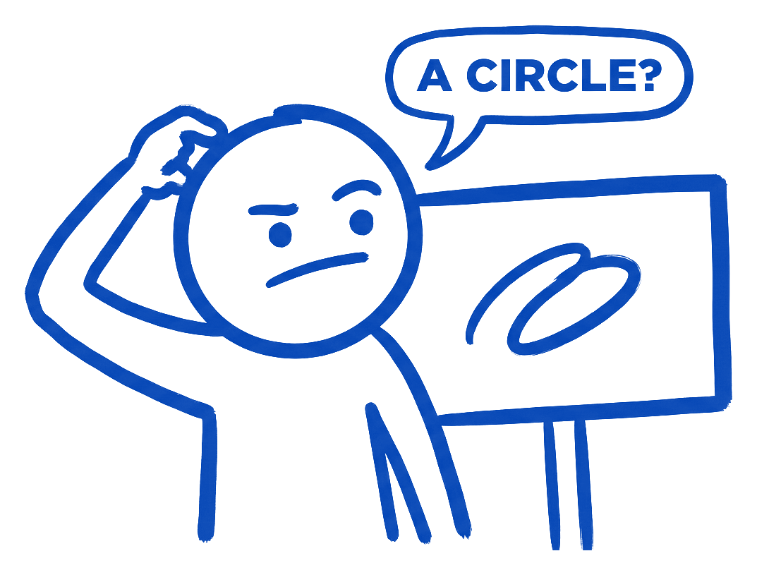 A stranger drawn in ink scratching their head at a sign with a vague swoosh on it, asking A CIRCLE?