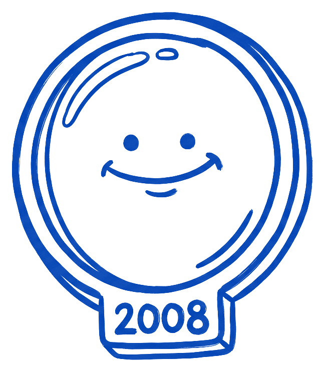 A smug round logo badge drawn in ink with a thick bevelled edge, a glossy shine and a tab reading 2008, the bevel survivor