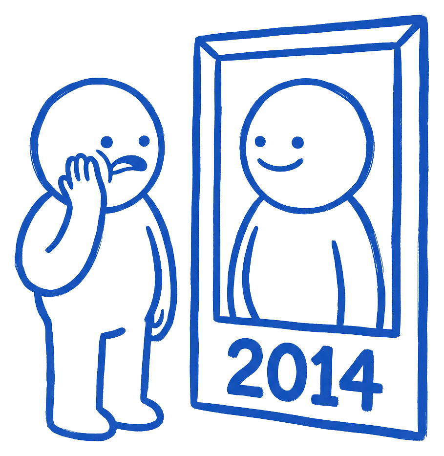 A round character drawn in ink staring in horror at its identical portrait in a frame labelled 2014