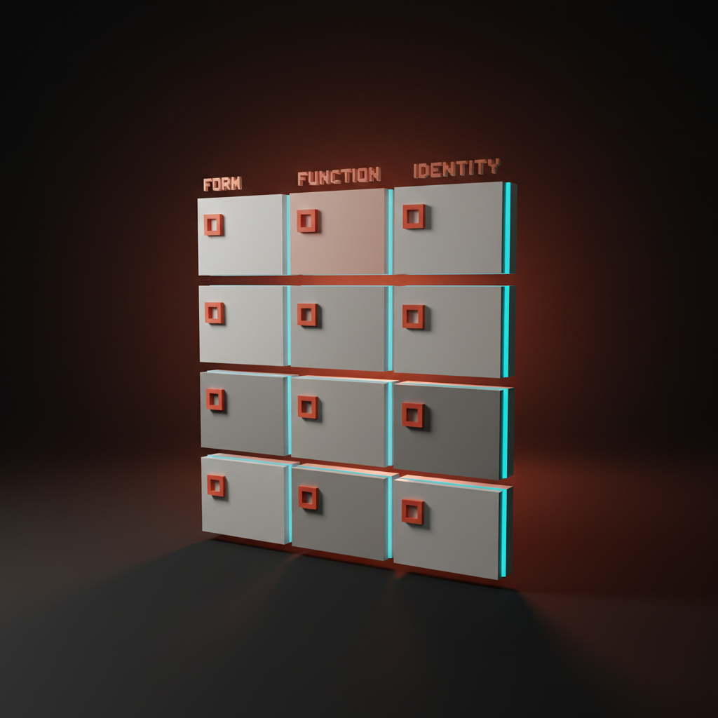 A voxel four-by-three grid of audit cards labeled FORM, FUNCTION, RESILIENCE, IDENTITY, twelve check boxes total