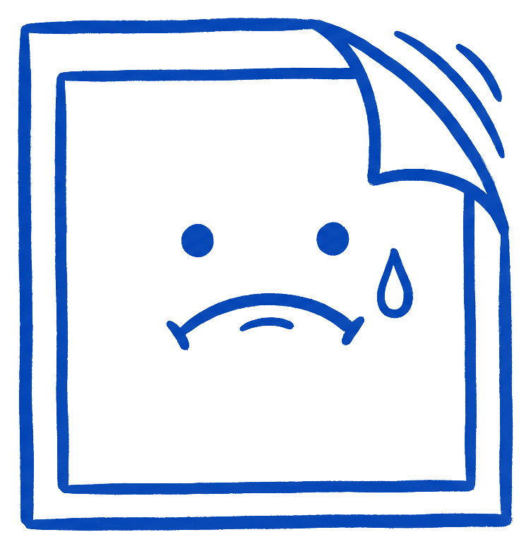 A square logo drawn in ink caught being a sticker, one corner peeling, a single sweat drop