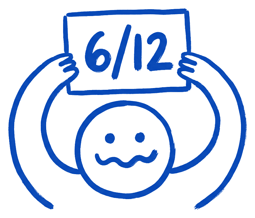 A round logo character drawn in ink sheepishly holding up a score card that reads 6/12