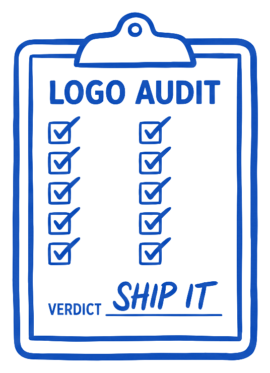A one-page logo audit sheet on a clipboard drawn in ink, every box ticked, with SHIP IT written on the verdict line