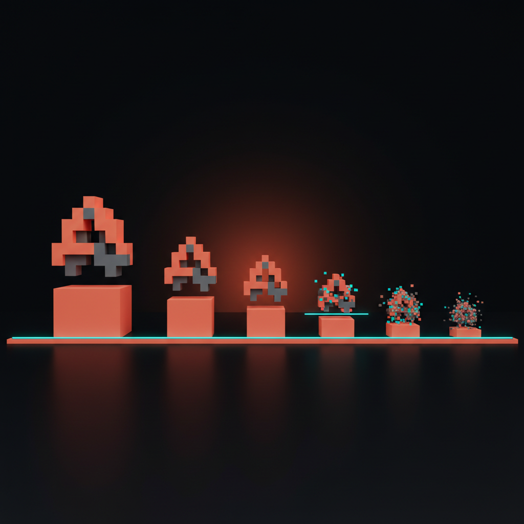 A voxel scale test showing the same mark at five sizes, the smallest fragmenting into noise