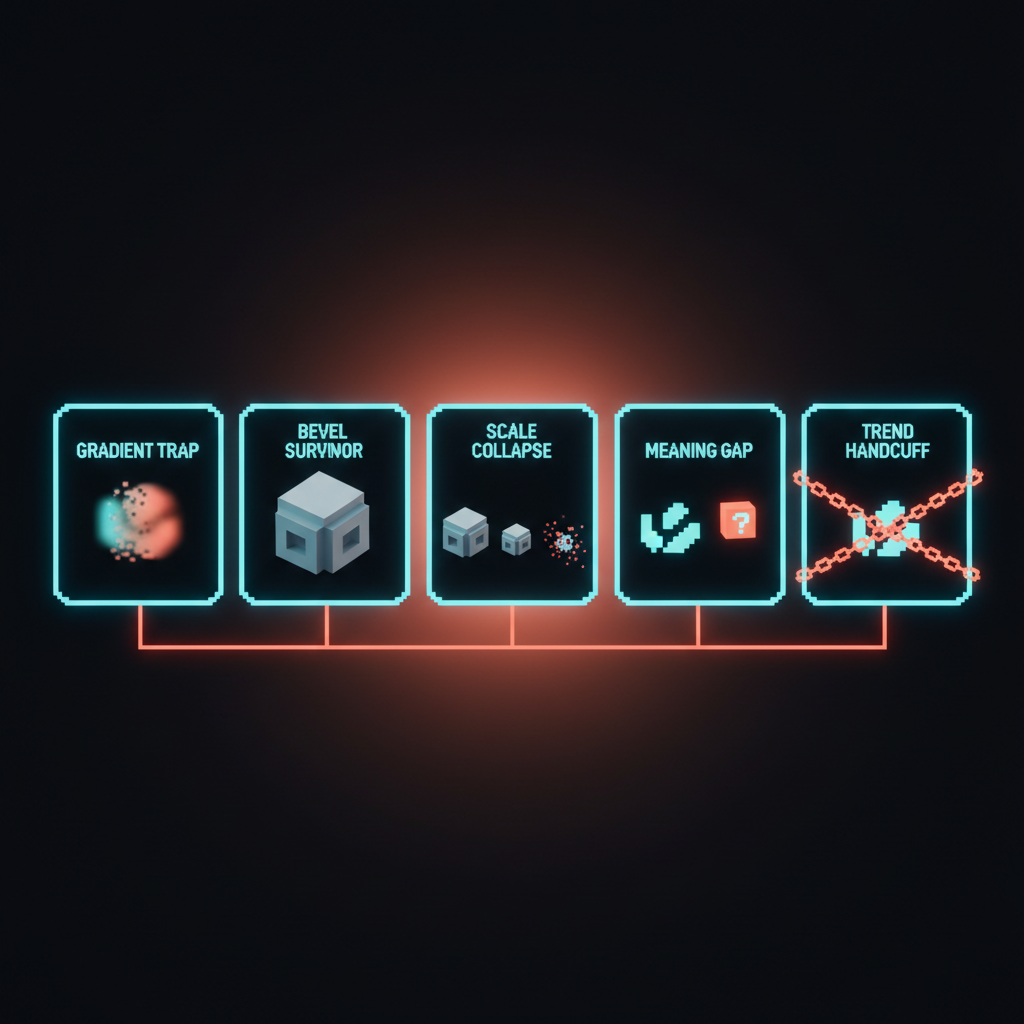 A voxel row of five cards labeled GRADIENT TRAP, BEVEL SURVIVOR, SCALE COLLAPSE, MEANING GAP, TREND HANDCUFF