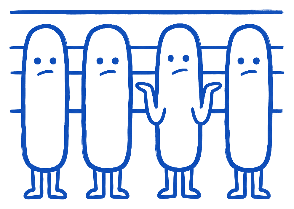 A police lineup of four identical logo characters drawn in ink, the third one shrugging