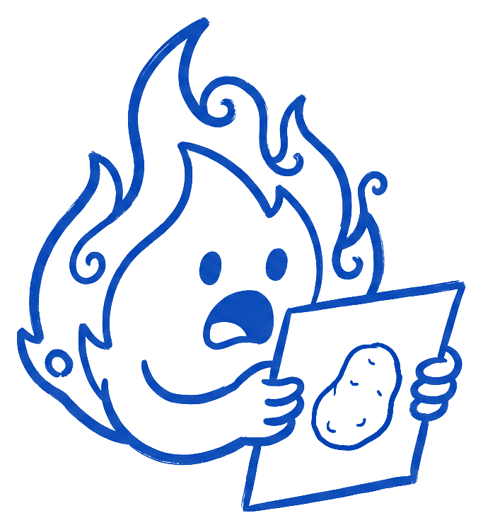 A proud swirly flame logo drawn in ink, horrified by its own black and white copy, which came out as a potato