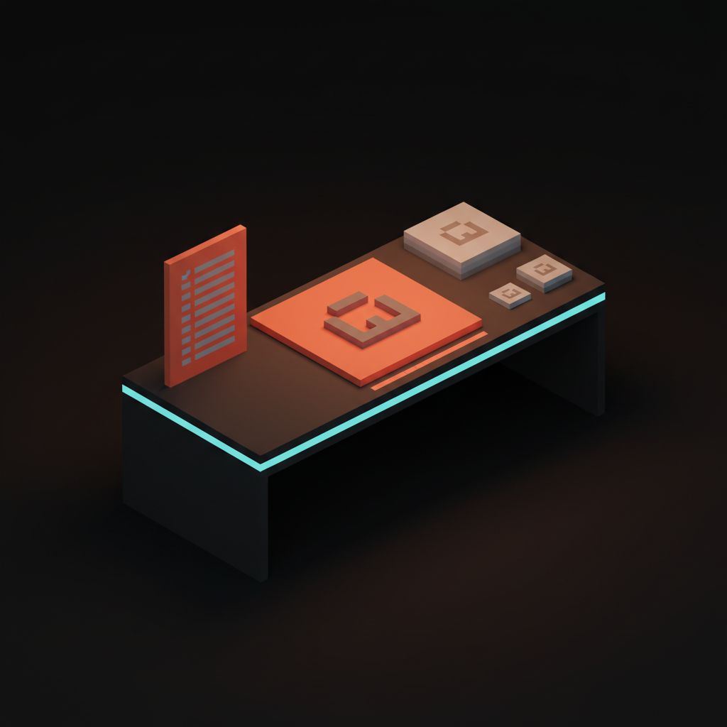 A voxel audit workstation, large logo card center, coral checklist tablet left, scale-test print samples right