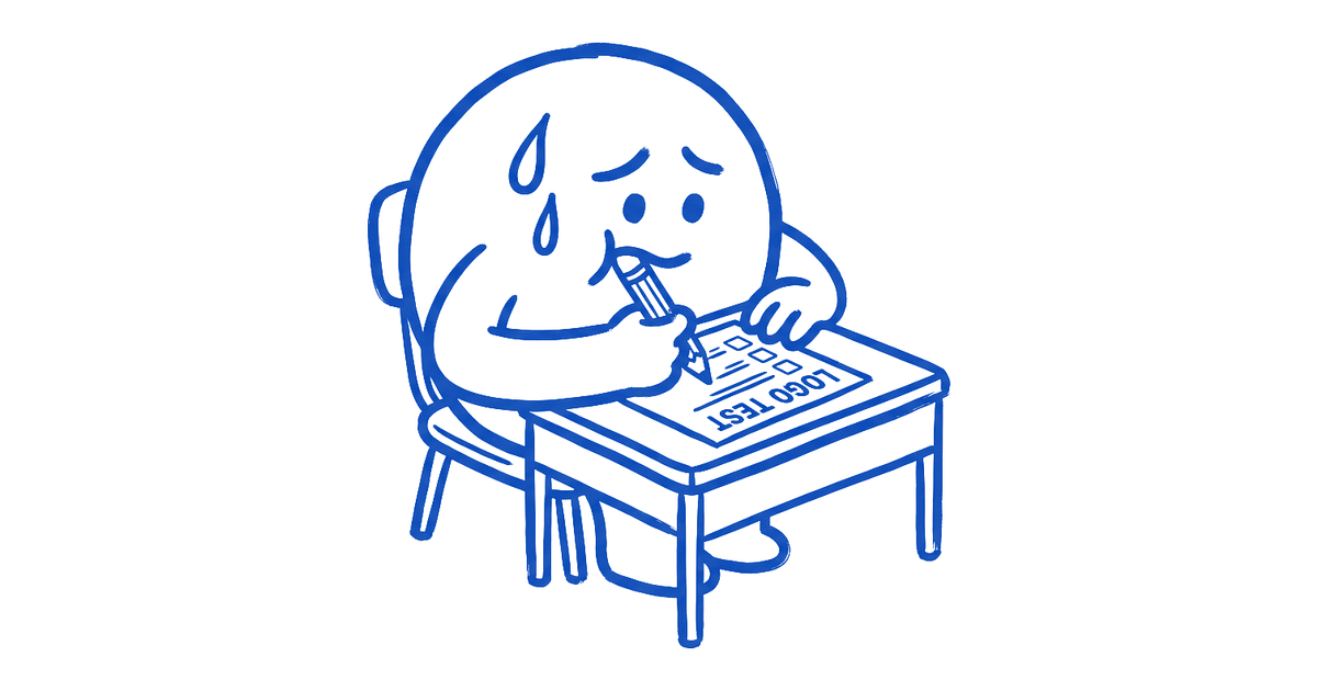 A round logo character sweating over a school exam sheet titled LOGO TEST, chewing its pencil, drawn in blue ink