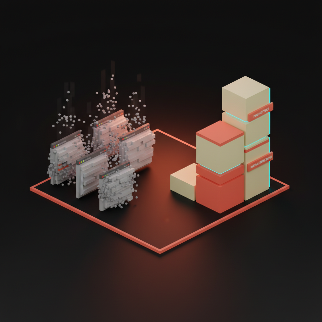 Voxel scene of generic SaaS dashboards crumbling on one side, infrastructure platforms growing on the other