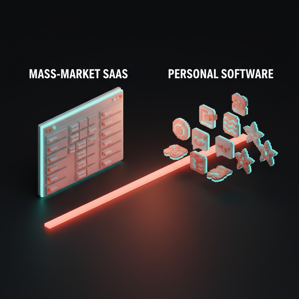 Voxel split: a giant generic SaaS dashboard on the left, ten tiny bespoke apps on the right