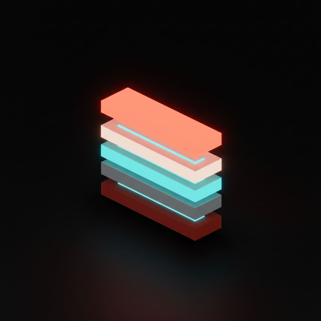 Voxel stack of five tilted bars labeled ONE PRODUCT OPINION, ONE DECISION PER TIER, REAL NUMBERS UP TOP, NO CALCULATOR UNLESS UNIT IS CALCULATOR, NO SALES GATE BEFORE QUALIFY