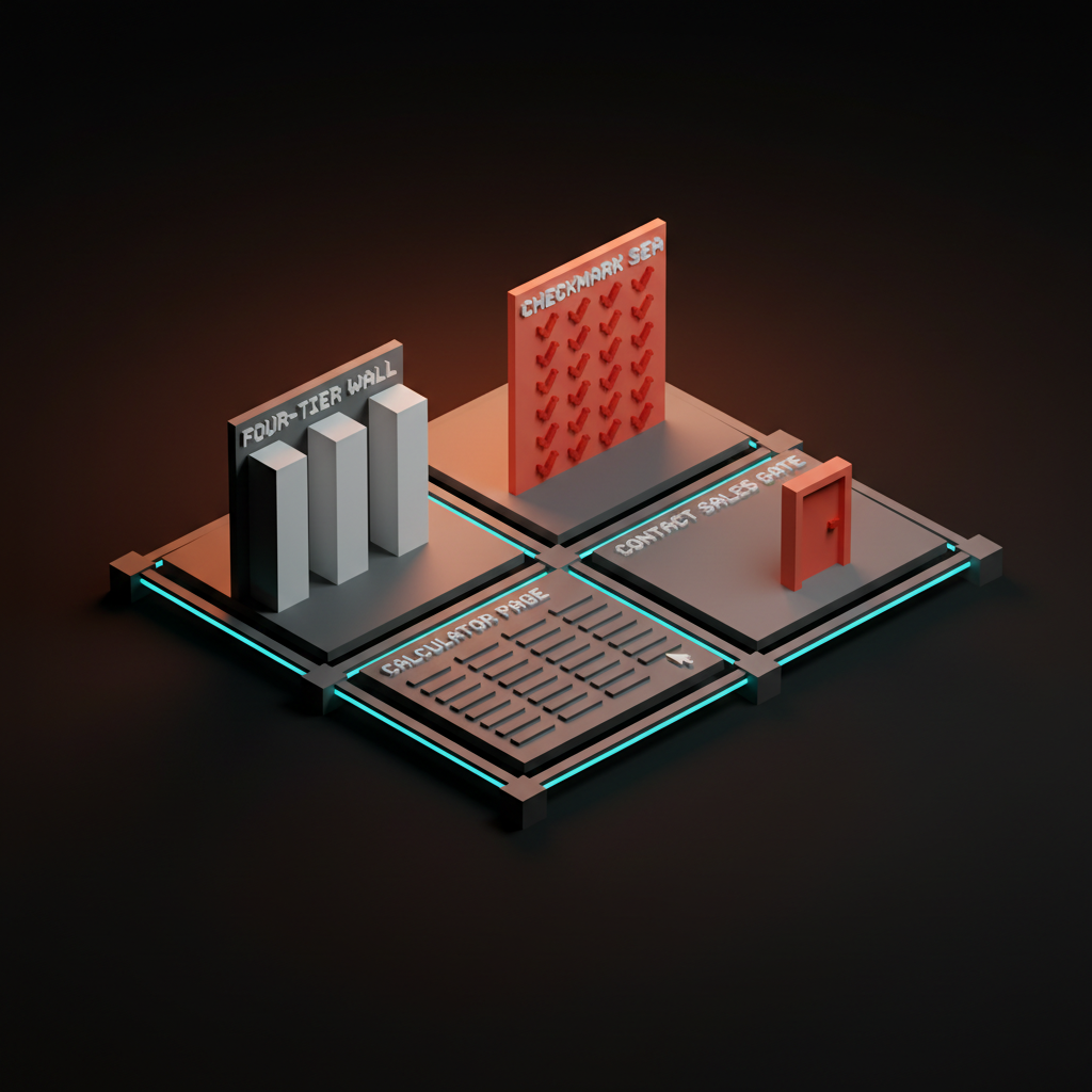 Voxel grid of four labeled tiles showing FOUR-TIER WALL with identical columns, CHECKMARK SEA with stacked rows, CALCULATOR PAGE with input fields, and CONTACT SALES GATE with a closed coral door