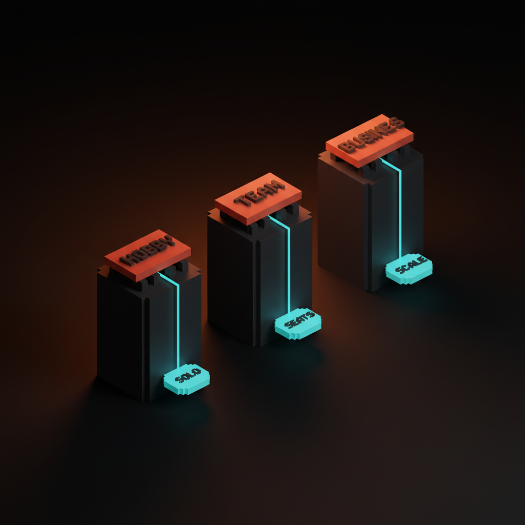 Voxel diagram of three pedestals labeled HOBBY, TEAM, BUSINESS, each carrying one chip in coral naming a single decision: SOLO, SEATS, SCALE, with cyan buttons at the base