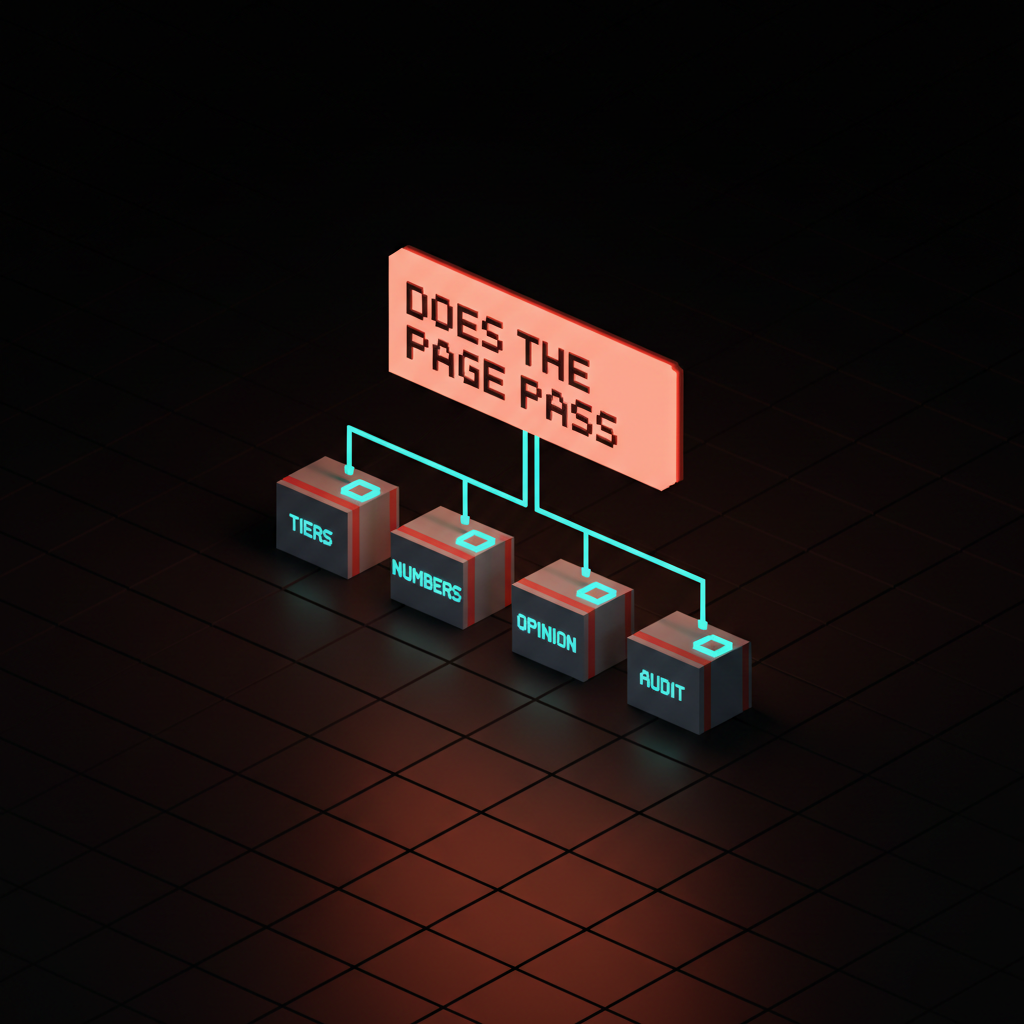 Voxel decision tree from a single coral question chip labeled DOES THE PAGE PASS, branching down to six small voxel cards labeled TIERS, NUMBERS, OPINION, GATE, BADGE, AUDIT, each with a cyan checkbox