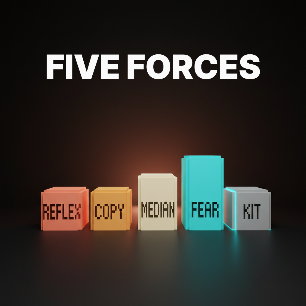 Voxel diagram of five pillars in coral amber cream cyan and gray with etched labels REFLEX COPY MEDIAN FEAR KIT, dark studio with coral haze, text overlay FIVE FORCES