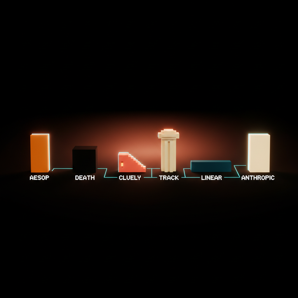 Voxel constellation of six differently shaped objects in amber black coral cream cyan and warm white with single-word etched labels AESOP DEATH CLUELY TRACK LINEAR ANTHROPIC, dark studio with coral haze