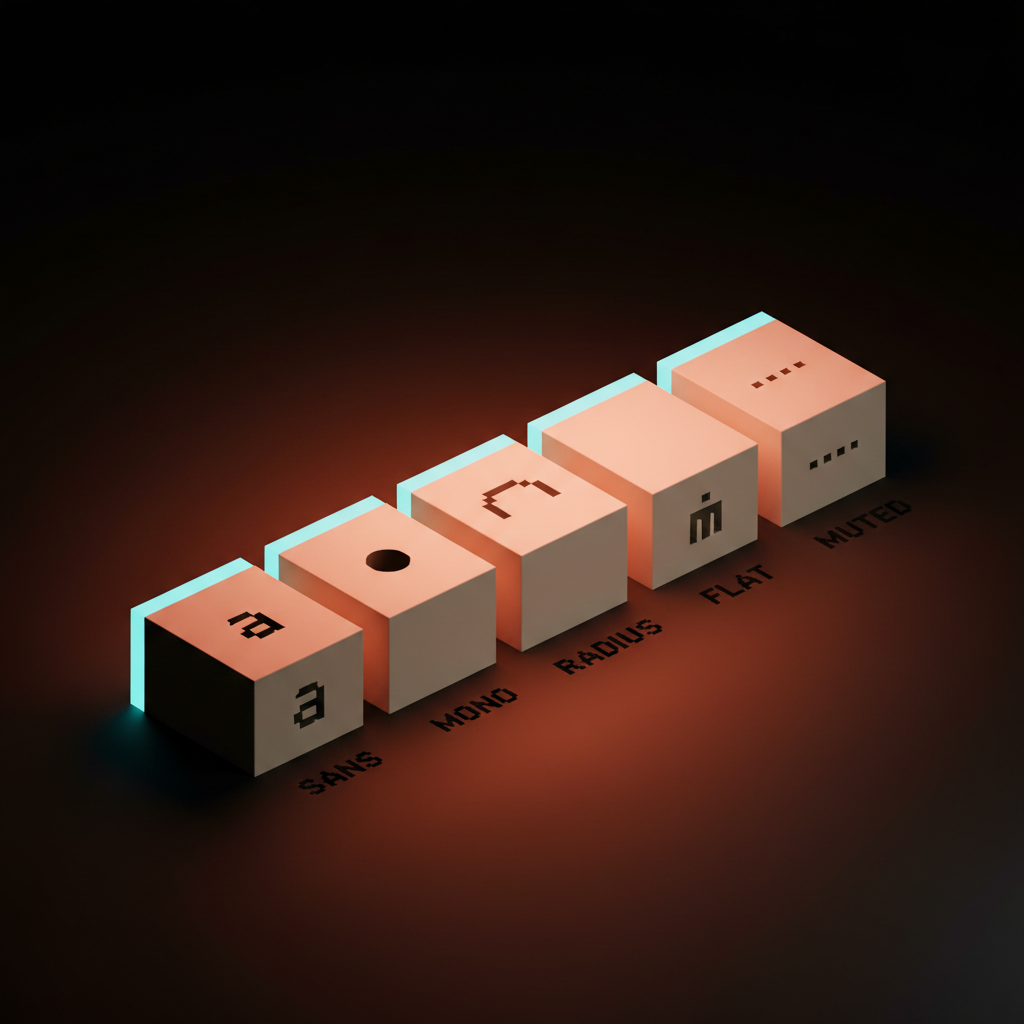 Voxel composition of five identical cream slabs in a tight horizontal row with single-word etched labels SANS MONO RADIUS FLAT MUTED, dark studio with coral haze