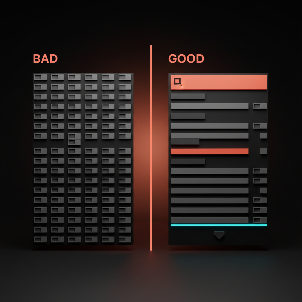 Voxel split-frame composition. Left half labeled BAD shows a flat wall of identical toggles. Right half labeled GOOD shows the same surface reorganized with search, grouping, defaults, and progressive disclosure
