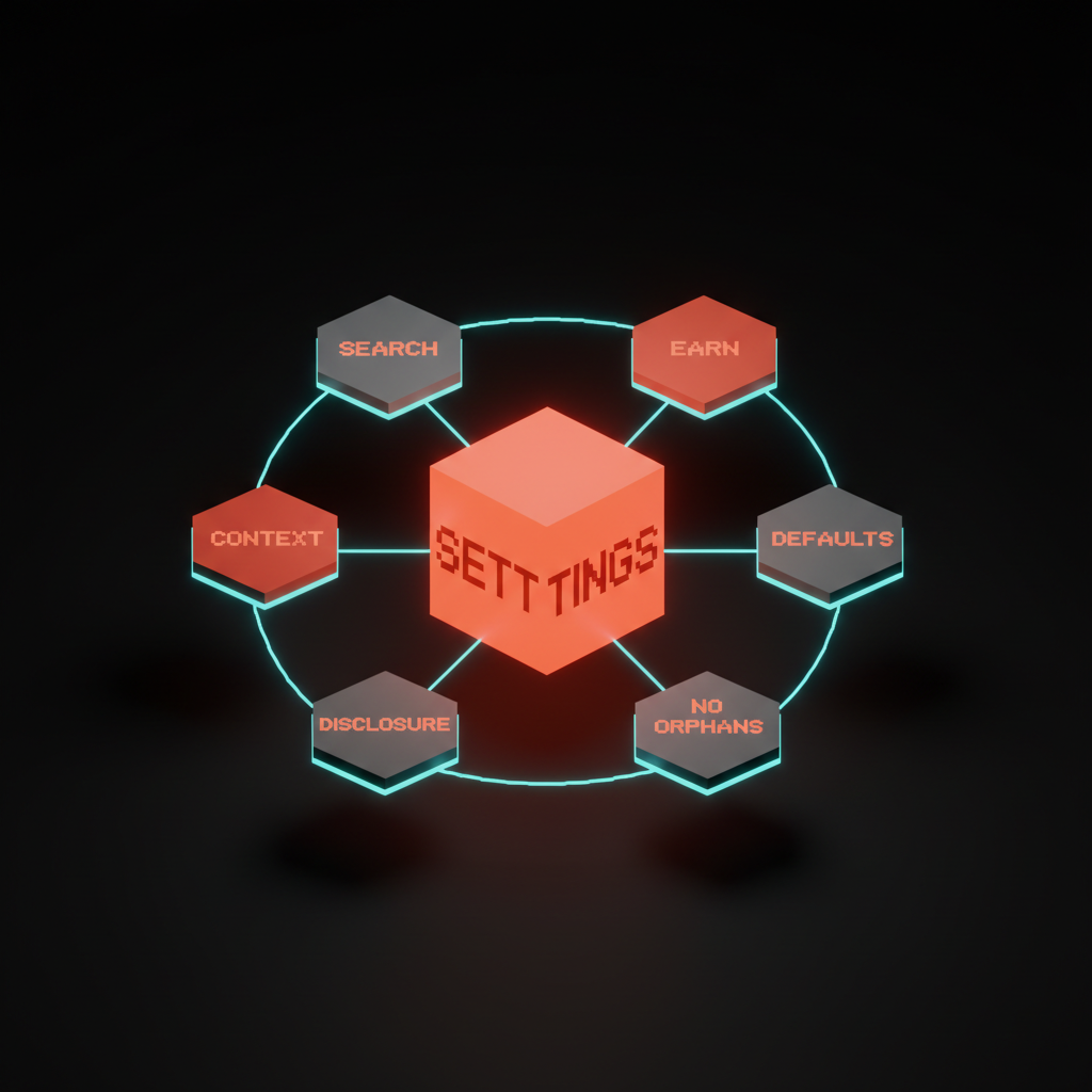 Voxel hexagonal arrangement of six labeled tiles orbiting a central coral cube labeled SETTINGS, each tile a one-word rule: search, context, defaults, disclosure, no orphans, earn