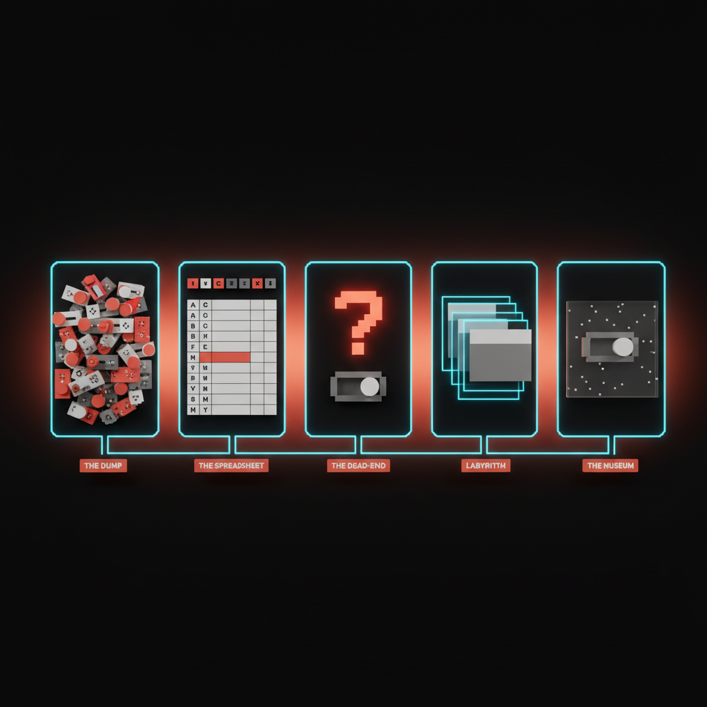 Voxel diagram of five labeled archetype cards: the dump, the spreadsheet, the dead-end, the labyrinth, and the museum