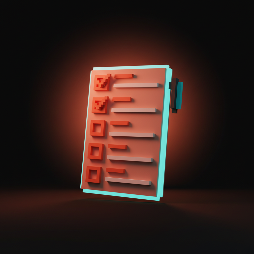 Voxel rendering of a vertical audit checklist card tilted toward the camera, seven rows with coral checkboxes, suggesting an audit in progress