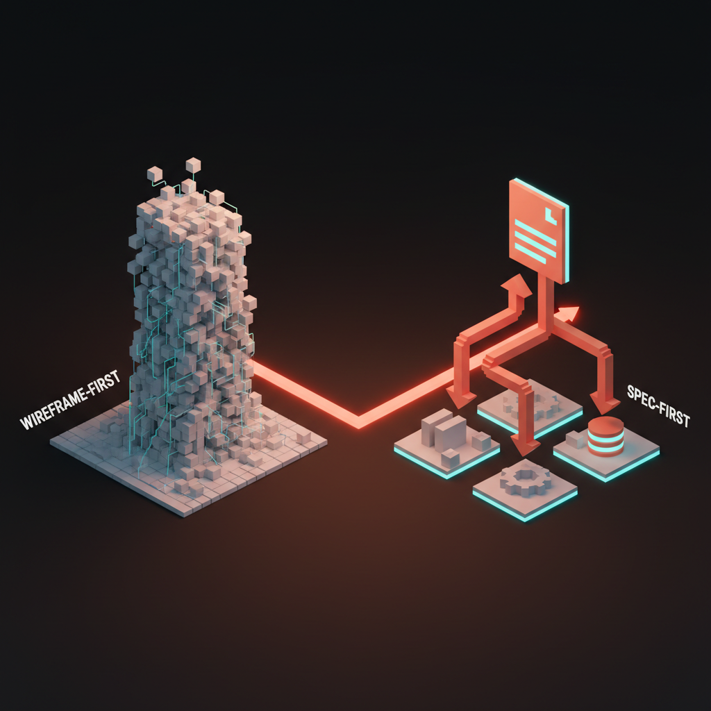 Split illustration comparing endless pixel pushing on the left to a clear spec driving AI tools on the right