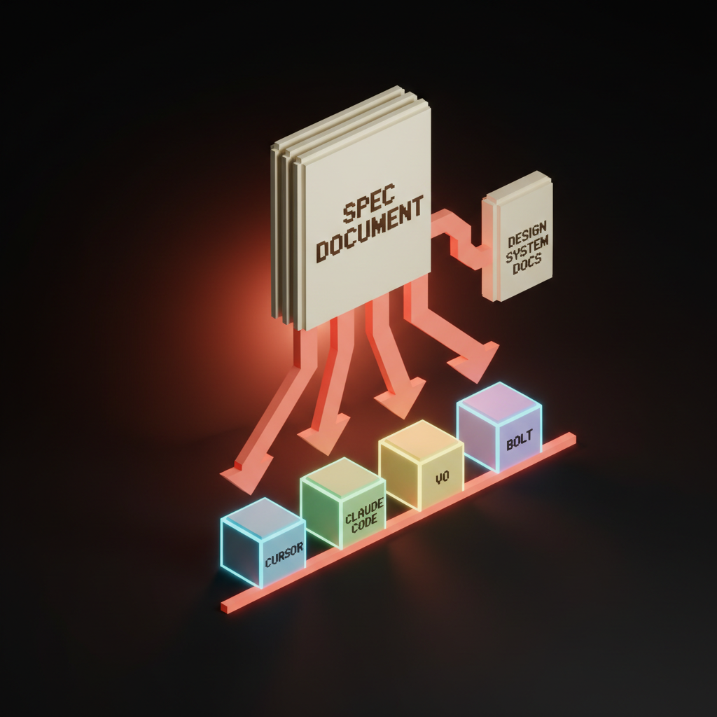 A single spec document at the top, branching arrows down into Cursor, Claude Code, v0, Bolt, design system docs