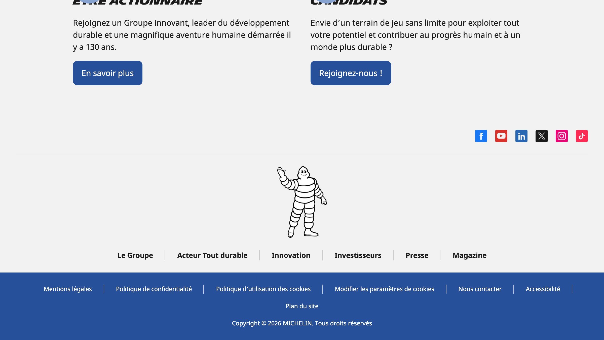 Michelin homepage showing Bibendum, the stackable tire figure used as the brand mascot.
