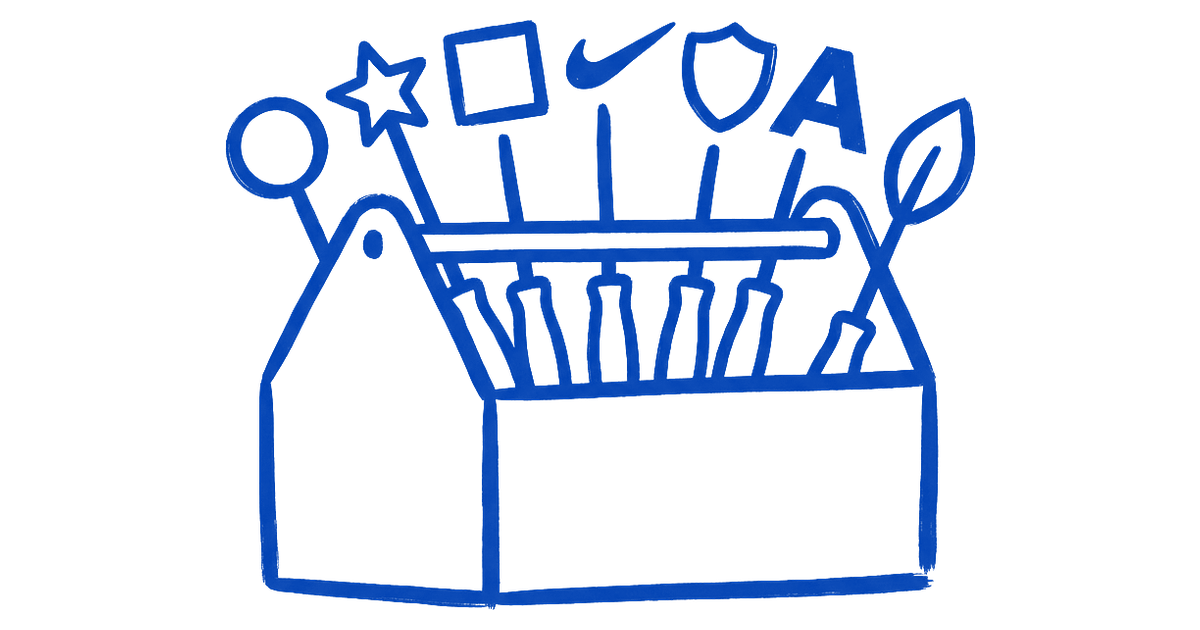 A toolbox drawn in blue ink holding a star, a square, a swoosh, a shield and a letter A, the logo types as tools