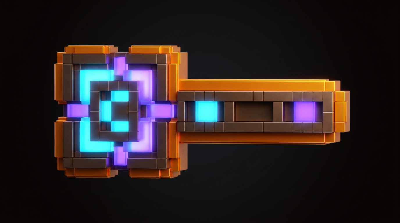 Orange voxel key with glowing blue and purple insets, a pictorial mark showing how a single recognizable object carries brand meaning.